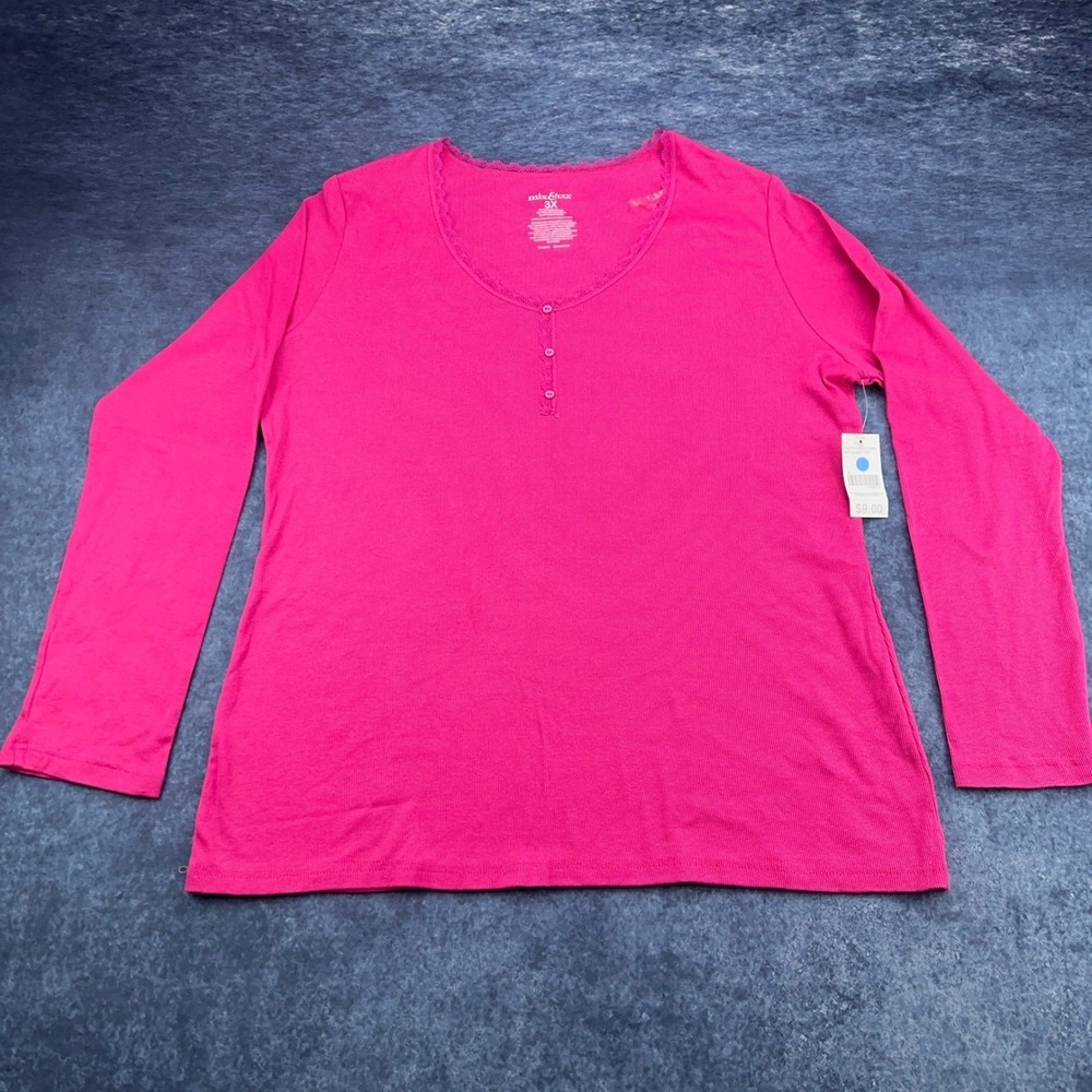 Mix & Co Plus Womens 3X Fuchsia Pink Ribbed Henley Long Sleeve Sleep Top NWT